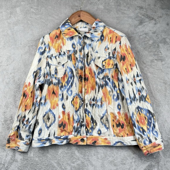 Chico's Jackets & Blazers - Chico's Southwestern Ikat‎ Print Jacket Womens 3 L Linen Blend Colorful Casual